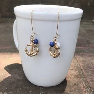 Gold and Blue Faux Pearl Anchor Earrings